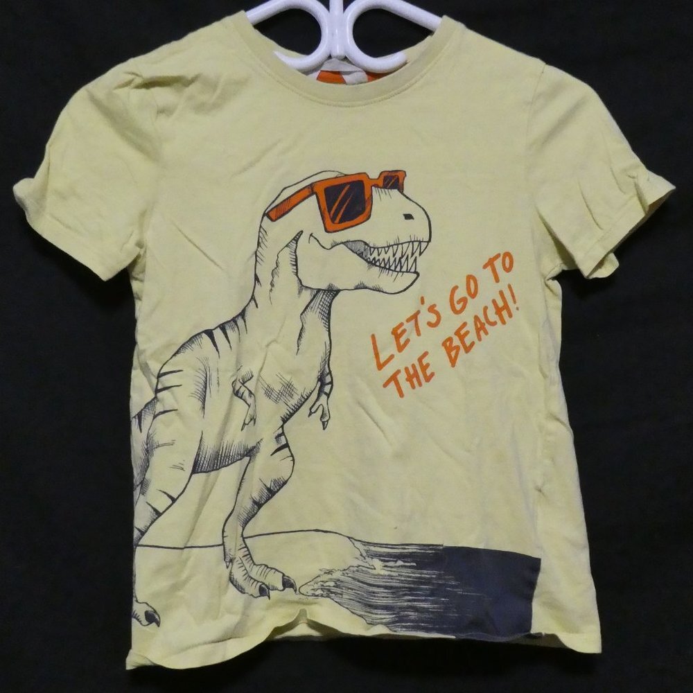 H&M 8-10 years, light yellow T-Shirt with T-Rex printed design, EUC
